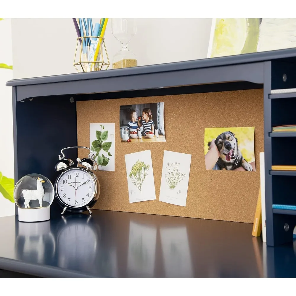 School Desks.Children’s Media Desk and Chair Set Navy: Student's Study, Computer and Writing Workstation with Hutch and Shelves