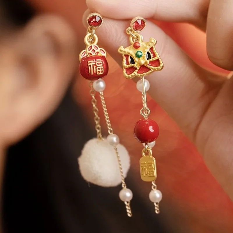 2024 New Year Lucky Lion Cat Shaped Earrings for Women Golden Red Color Traditional Festival Jewelry Bell Tassel Earring Gifts