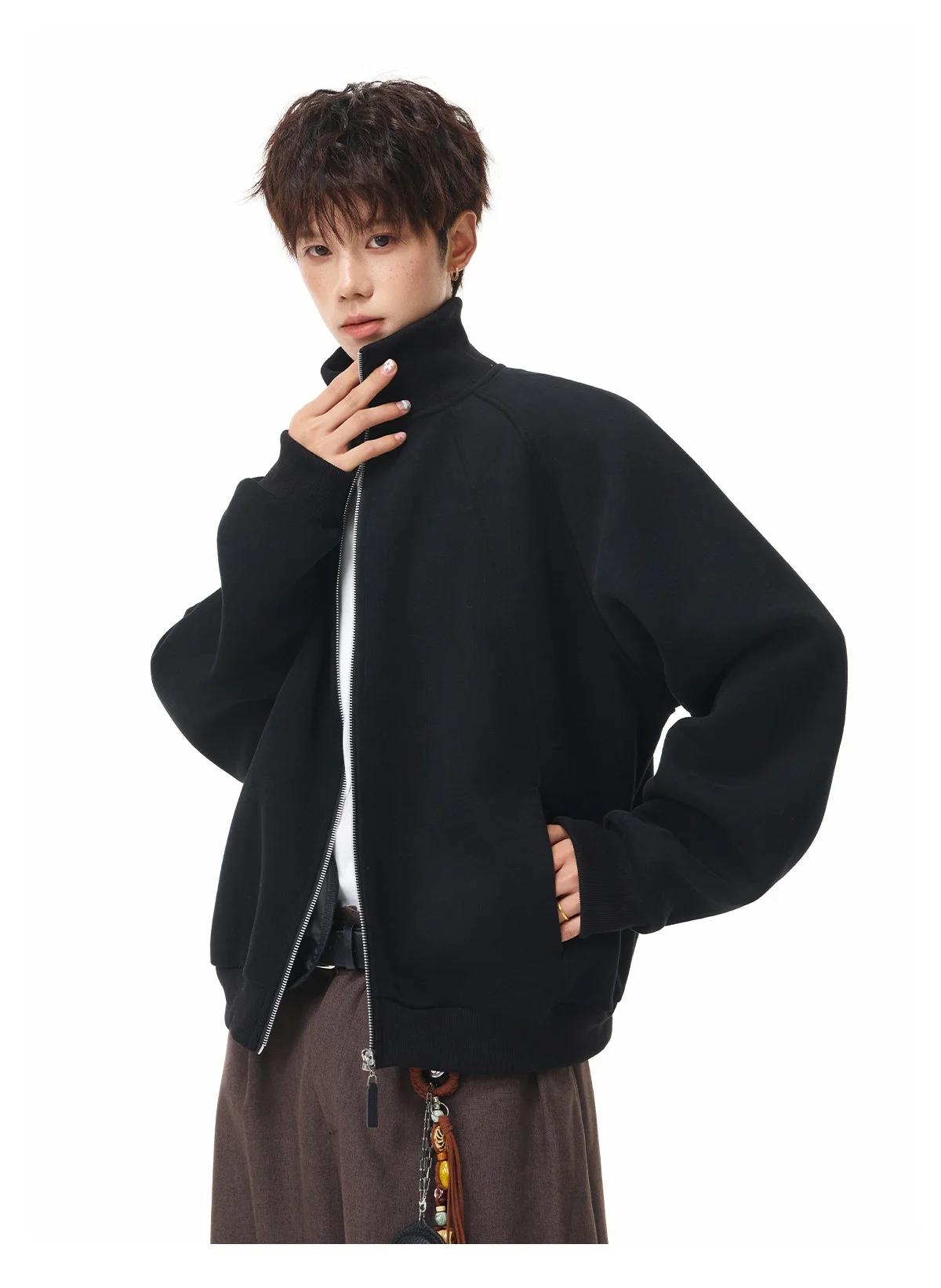 Patchwork Heavyweight Cardigan, Stand-Up Collar Sweatshirt Men Solid Loose-Fit Sports Casual Jacket Soft Durable