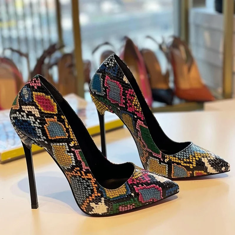 

12cm Colorful Super High Heels for Women Luxury Stiletto Snake Pattern Metallic Heels Ladies Shoes Pointed Toe Shallow Pumps