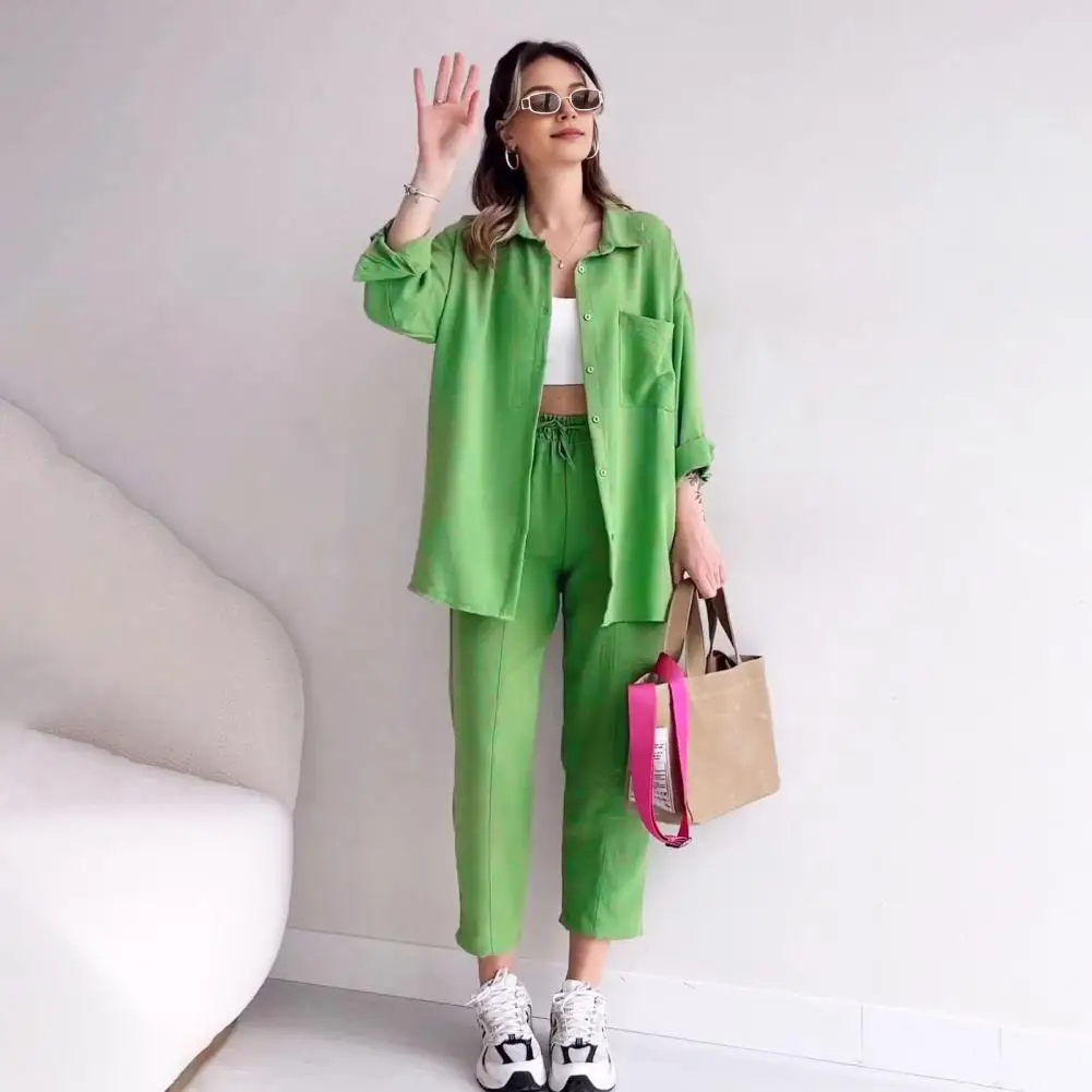 Elastic Waist Trousers Set Stylish Women's Shirt Pants Set with Lapel Collar Chest Pocket Casual for Fashionable for Women