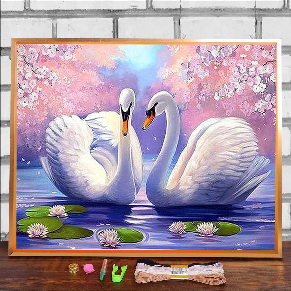 Animals Swan Landscape Printed 11CT Cross Stitch Embroidery Set DMC Threads Knitting Hobby Handiwork Painting Jewelry   Decor