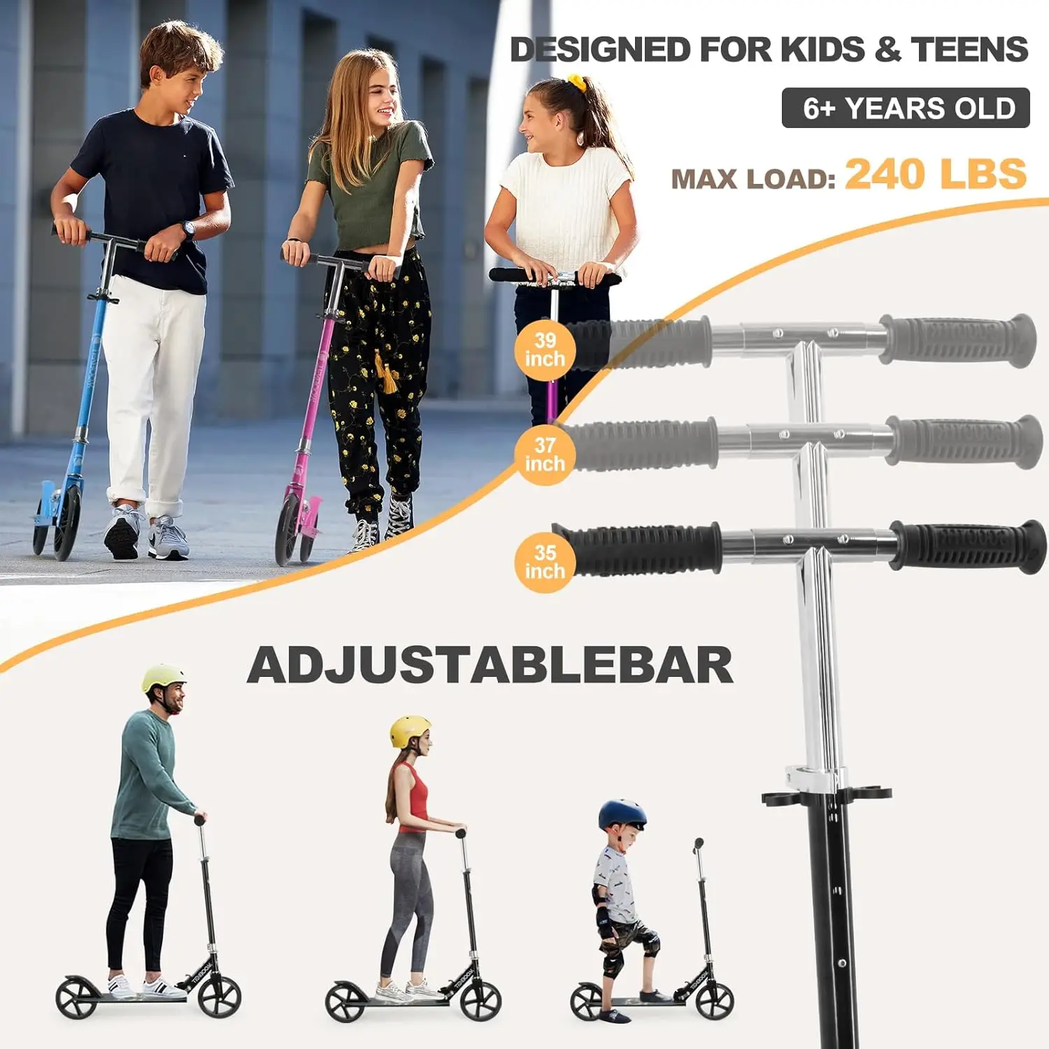 Kick Scooter for Ages 6+,Kid,Teens & Adults. Max Load 240 LBS. 8IN Big Wheels for Kids, Teen and Adults, 3 Adjustable Levels