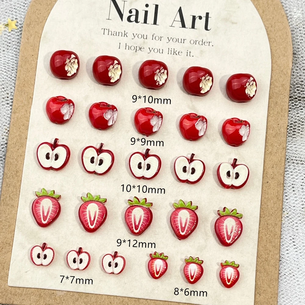 20Pcs Red Fruit Series Manicure Art Charms Accessory Sliced Strawberry Apple Resin Diy Phone Case Nails Supplies Birthday Gift