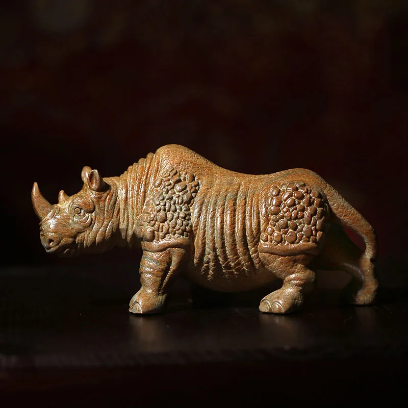 XS763- 11.5 CM Strong Rhino Green Sandalwood Sculpture Animal Decoration Craft Gift Miniatur Ornaments