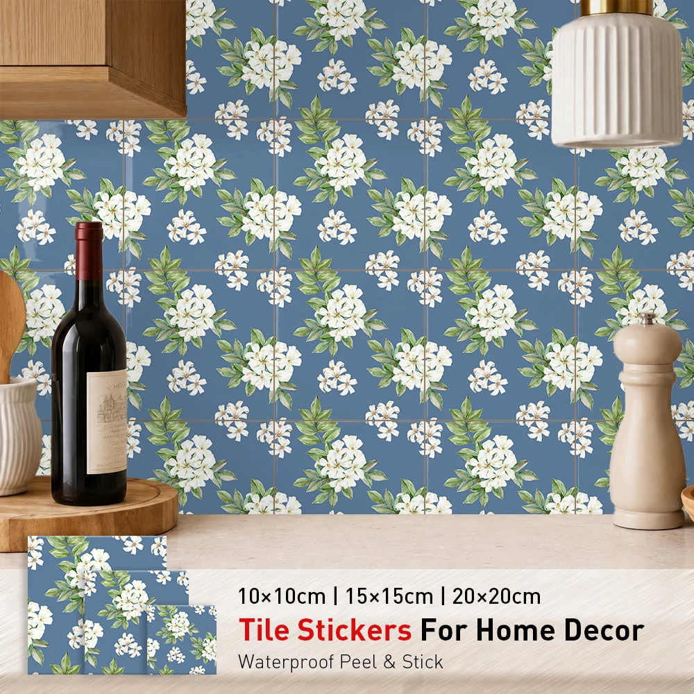 Watercolor White Floral Tile Sticker, Fresh Green Leaves Self Adhesive Wall Decal, Vintage Art Decor for Bedroom Wall
