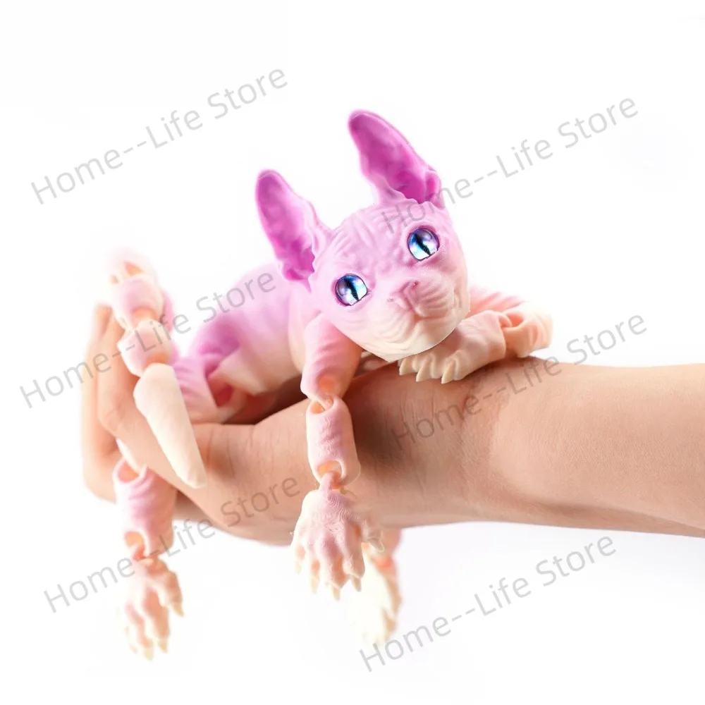 

3D Printed Cat Animals Toy Realistic Hairless Figurine Articulated Cat Fidget Toy for Cat Lover Collector Home Decoration