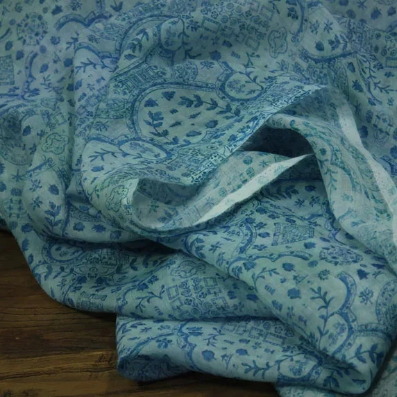 

1yard blue-and-white porcelain print patchwork pure ramie fabrics for clothing one-piece dress cheongsam shirt sewing fabric