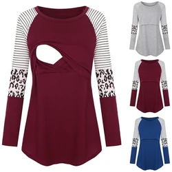 Women Maternity Long Sleeve Nursing Patchwork Color Tops Breastfeeding Blouse