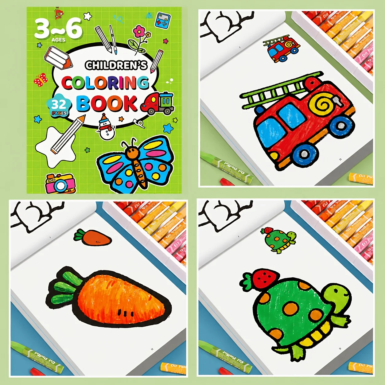 32-Page Coloring Enlightenment Book for Young Children, Designed for 3-6 Year Olds, Featuring Cute Animals, Fruits and Vegetables, and Various Everyday Life Themes Such as Vehicles. Simple Black Line Drawings That Are Easy to Color Without Bleeding Out of the Lines, Helping to Enhance Cognition and Unleash Creativity through Doodling. Suitable for Classroom, Home, and Travel Settings. High-Quality Early Education Drawing Materials, Perfect as a Children's Holiday or Birthday Gift.