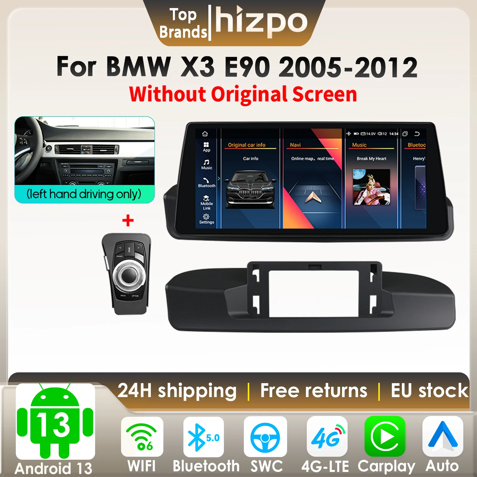 Autoradio Android Hizpo 10.33" per BMW X3 E90 2005-2012 senza schermo originale, lettore multimediale video, navigatore GPS, Carplay 4G