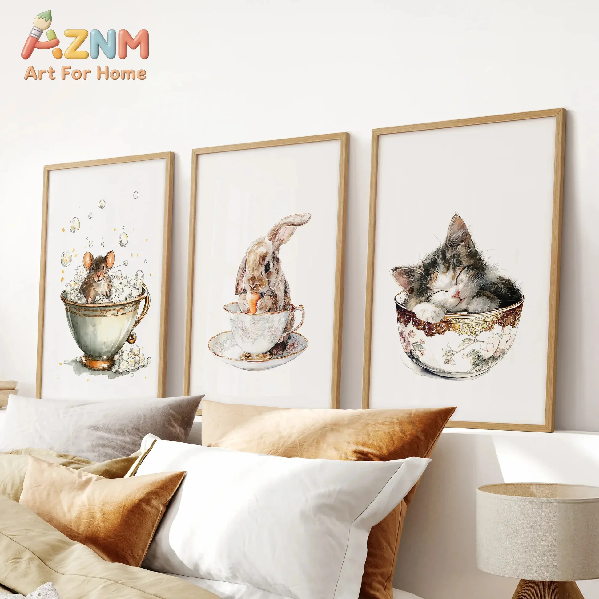 AZNM Cute Animal Canvas Wall Art Mouse Rabbit Kitten In Vintage Teacup Watercolor Frameless Canvas Painting Kids Room Home Decor
