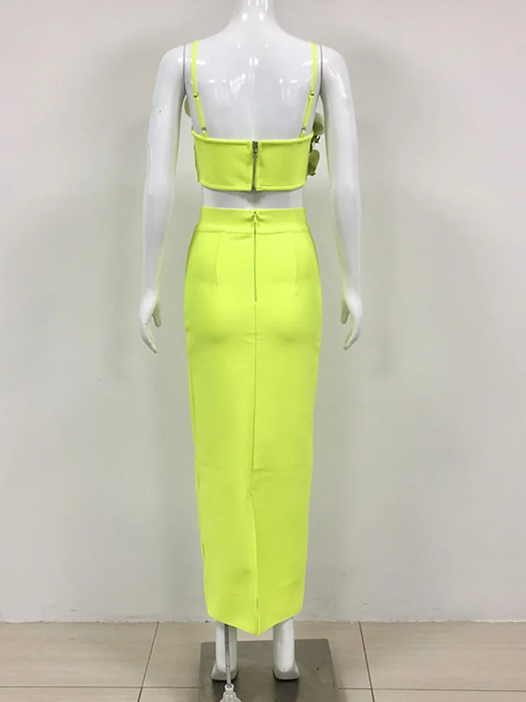 Women Celebrity Sexy Backless Flower Neon Green Mid-Calf Bandage Skirt Set 2024 Knitted Elegant Evening Club Party Clothing