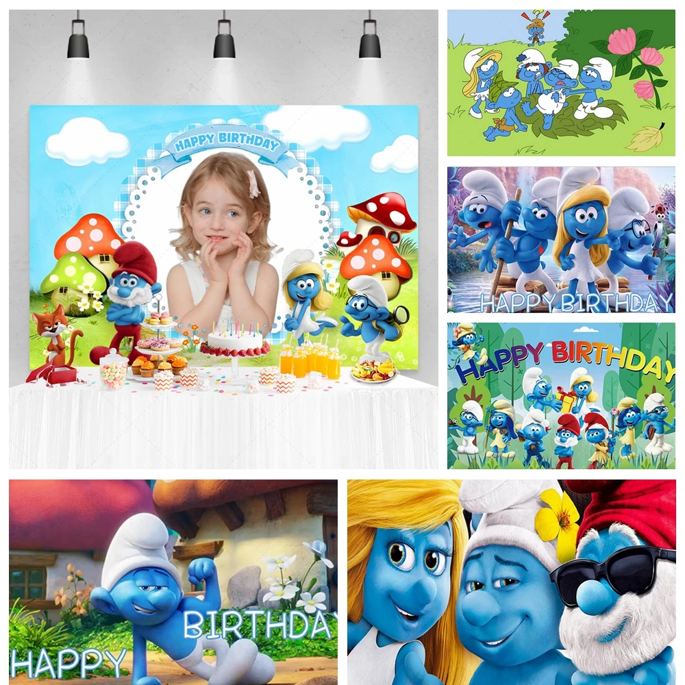 

Custom Cartoon S_Smurfs Birthday Party Decor Backdrops Kids Birthday Party Children Portrait Animation Photography Background