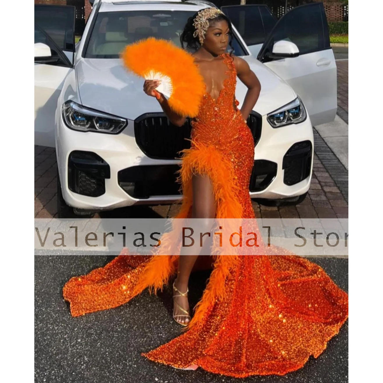 Vestidos de graduación de sirena verde y naranja para niñas negras, plumas de cristal, vestido de noche de ilusión Sexy, vestidos personalizados