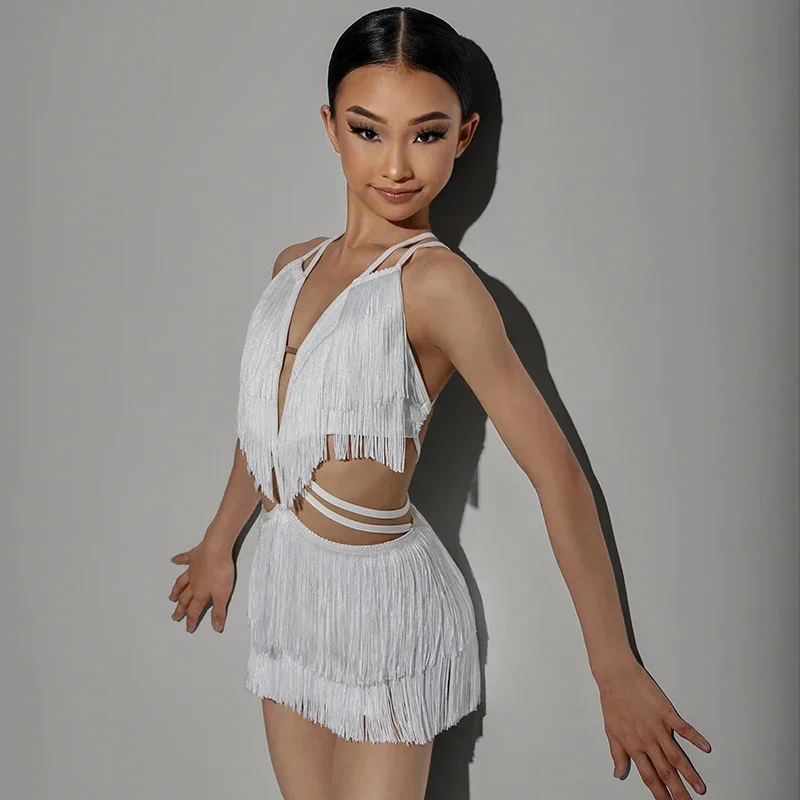 Kinder-Latein-Tanzkleid, Mädchen-Wettbewerb, schulterfrei, Fransenkleid, Chacha, Samba, Tanz-Performance-Kleid