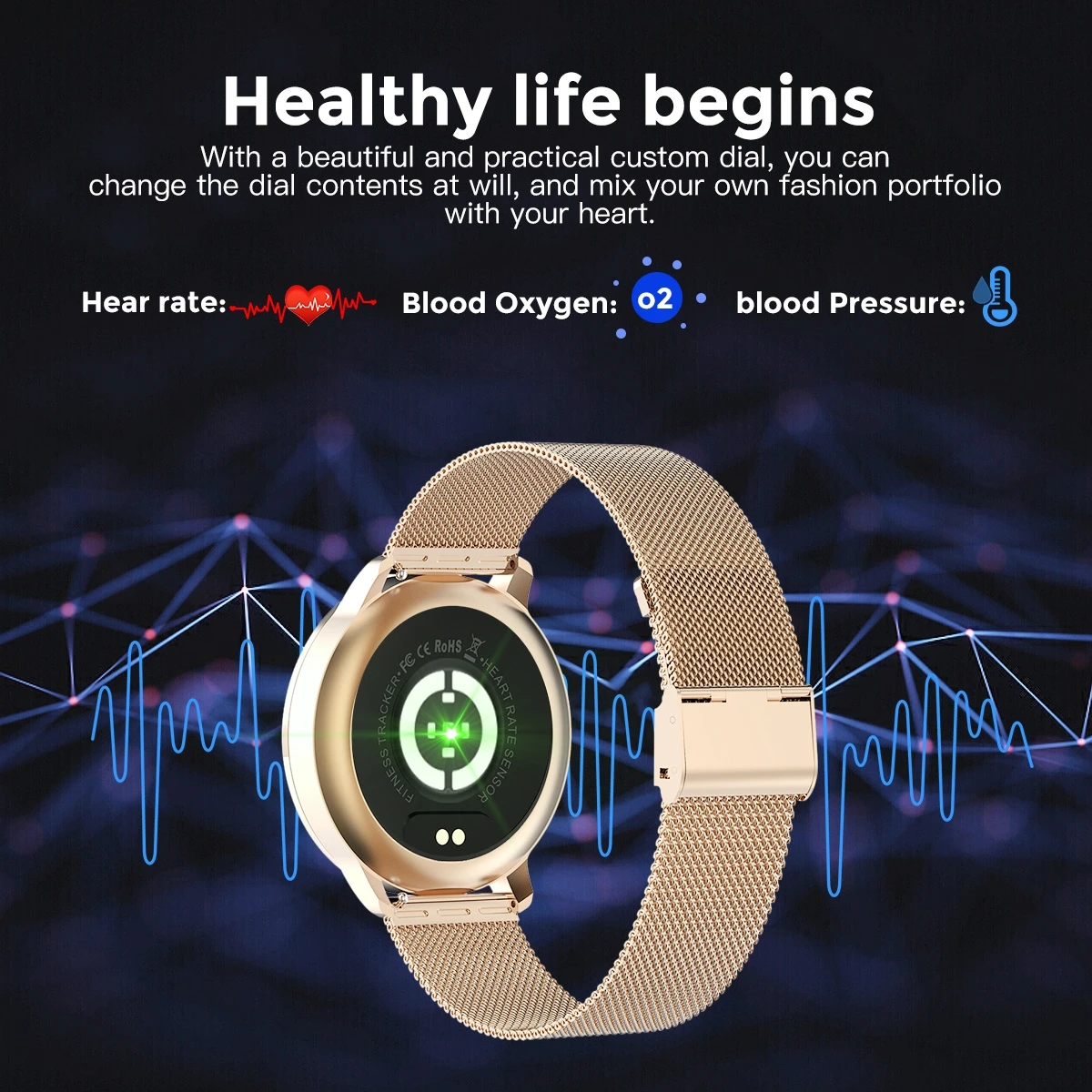 1.3 Inch Full Touch Screen Smart Watch Women Heart Rate Blood Pressure Oxygen Monitor Multi Sport Modes IP67 Waterproof Watches