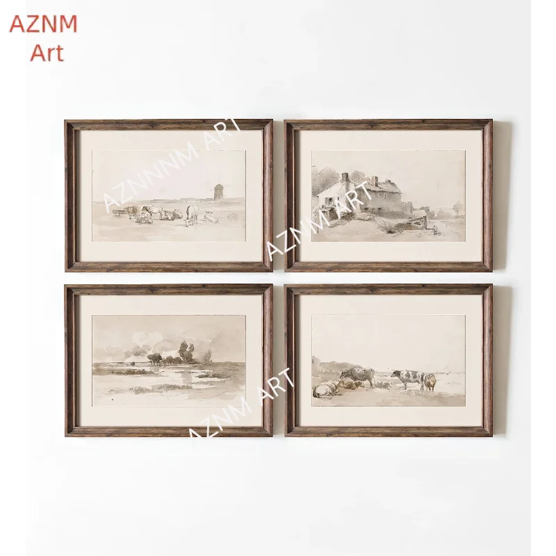 1/4 Stück neutrale Kunstdrucke, rustikale Bauernhaus-Skizzen, pastorale Landschaft, Wanddekoration, Vintage-Stil, Tier