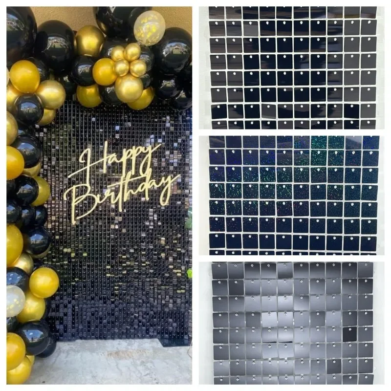 12/16/18/24PCS Shimmer Wall Backdrops BLACK Square Sequin Wall Panel Backdrops Party Backdrops for Wedding Birthday Decor