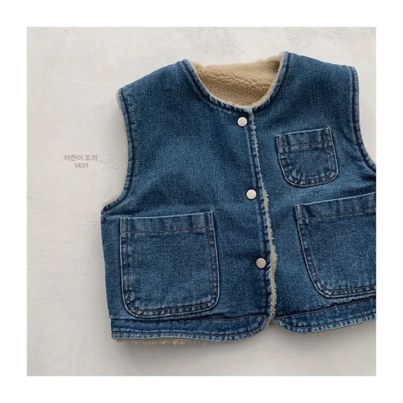 Baby Girls Boys Demin Sleeveless Vest Kids Double Sided Waistcoat Toddler Outerwear 2024 Autumn Winter Children Clothing Casual