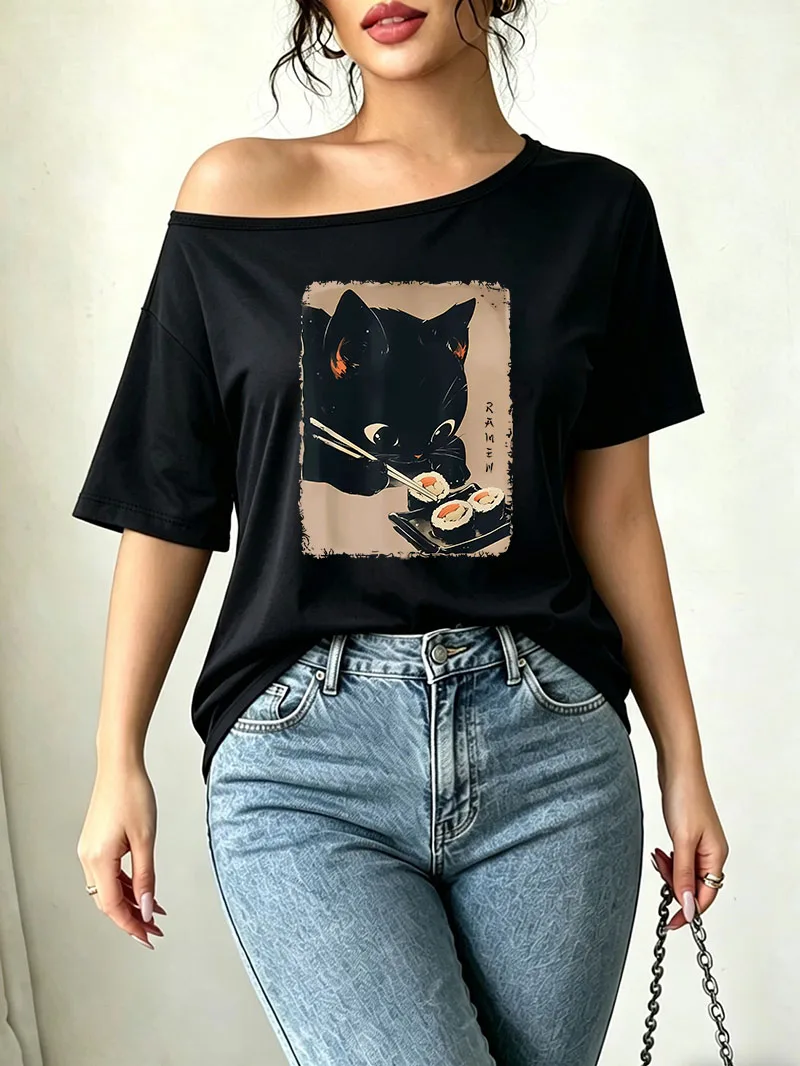 Harajuku Ramen Cat Print Shoulder Loose Y2K T-shirt Off Shoulder Graphic Tee Japanese Style Oversized Women's Top Summer