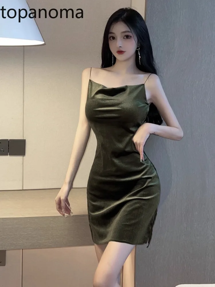 Topanoma Cocktail Mini Dresses Women Split Sleeveless Slim Solid Sexy Elegant Birthday Party Evening Dress Ladies Backless