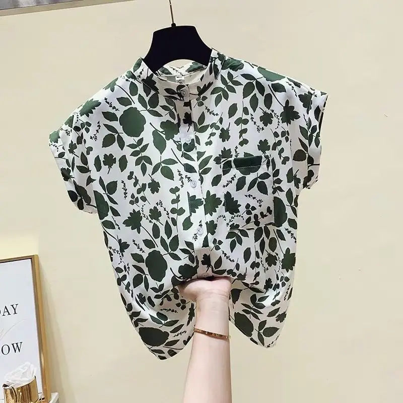 Summer New Floral Chiffon Shirt Tops Women\'s Short Sleeve New Thin Printing All-match Office Blouse Fashion Elegant Clothing