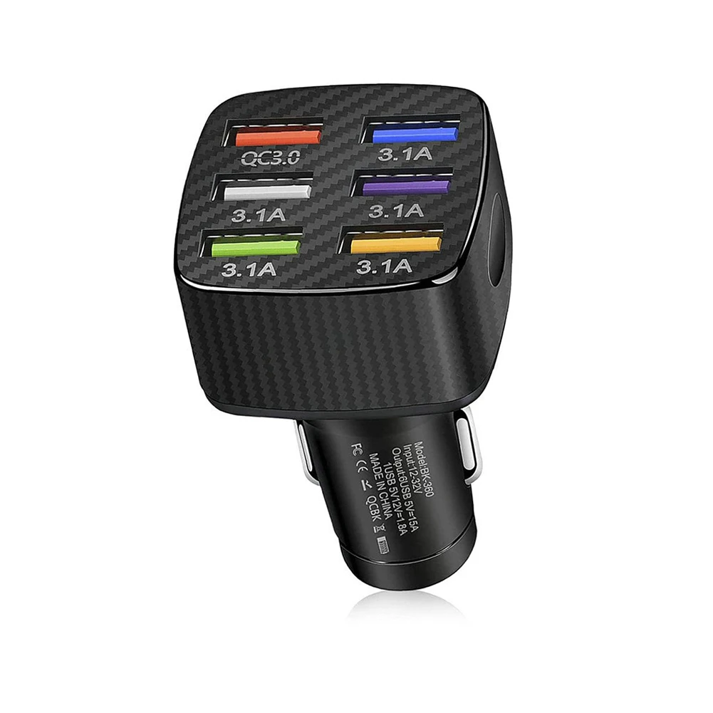 Fast Charging Car Charger Adapter  6 Ports USB  LED Display  Intelligent Shunt Output  PC Flame Retardant Shell