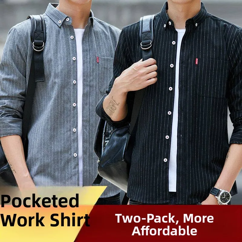 Casual Summer Thin Long Sleeve Striped Shirt Men's Wear Resistant Work Large Size Shirt Jacket Polyester Fiber Spun Polyester