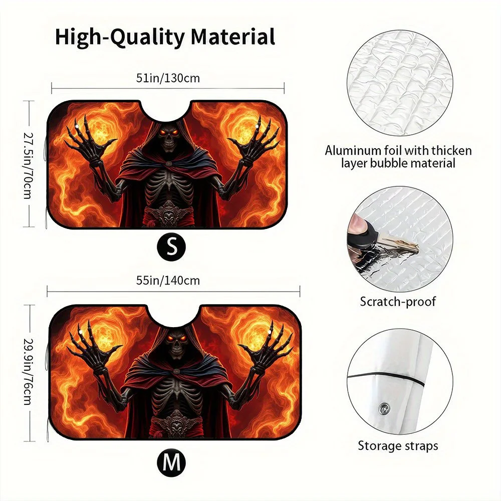 1pc, Car Sunshade With Dark Fantasy Skull Sorcerer Fire Magic Halloween Print, Foldable And Lightweight, Ideal For Long Drives I