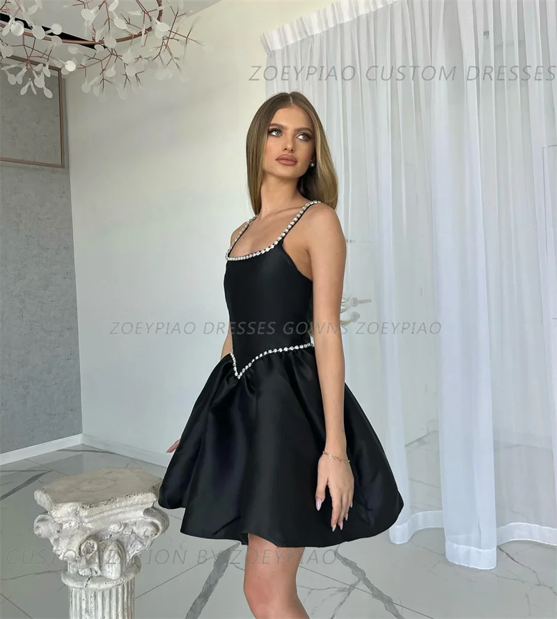 Schwarz träger los glänzende Pailletten Perlen Cocktail kleider Satin ärmellose A-Linie kurze Länge formelle Party kleid vestidos de festa