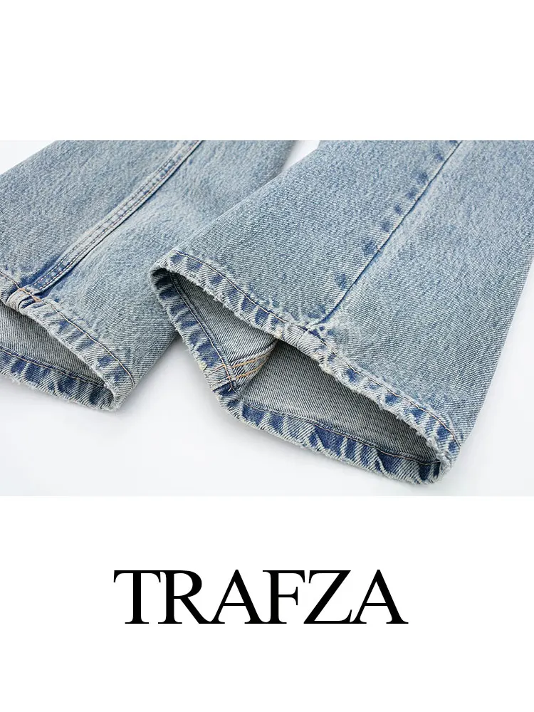 TRAFZA 2024 Damska moda uliczna Denim Niebieskie dżinsy Distressed Patchwork Wysoka talia Zamek błyskawiczny Fly Ripped Retro Długie spodnie