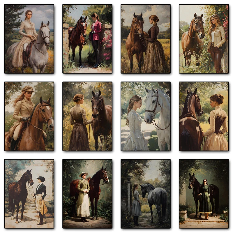 Vintage Elegant Women Riding Horses Posters and Prints Canvas Printing Wall Art Picture for Living Room Home Decor Gifts