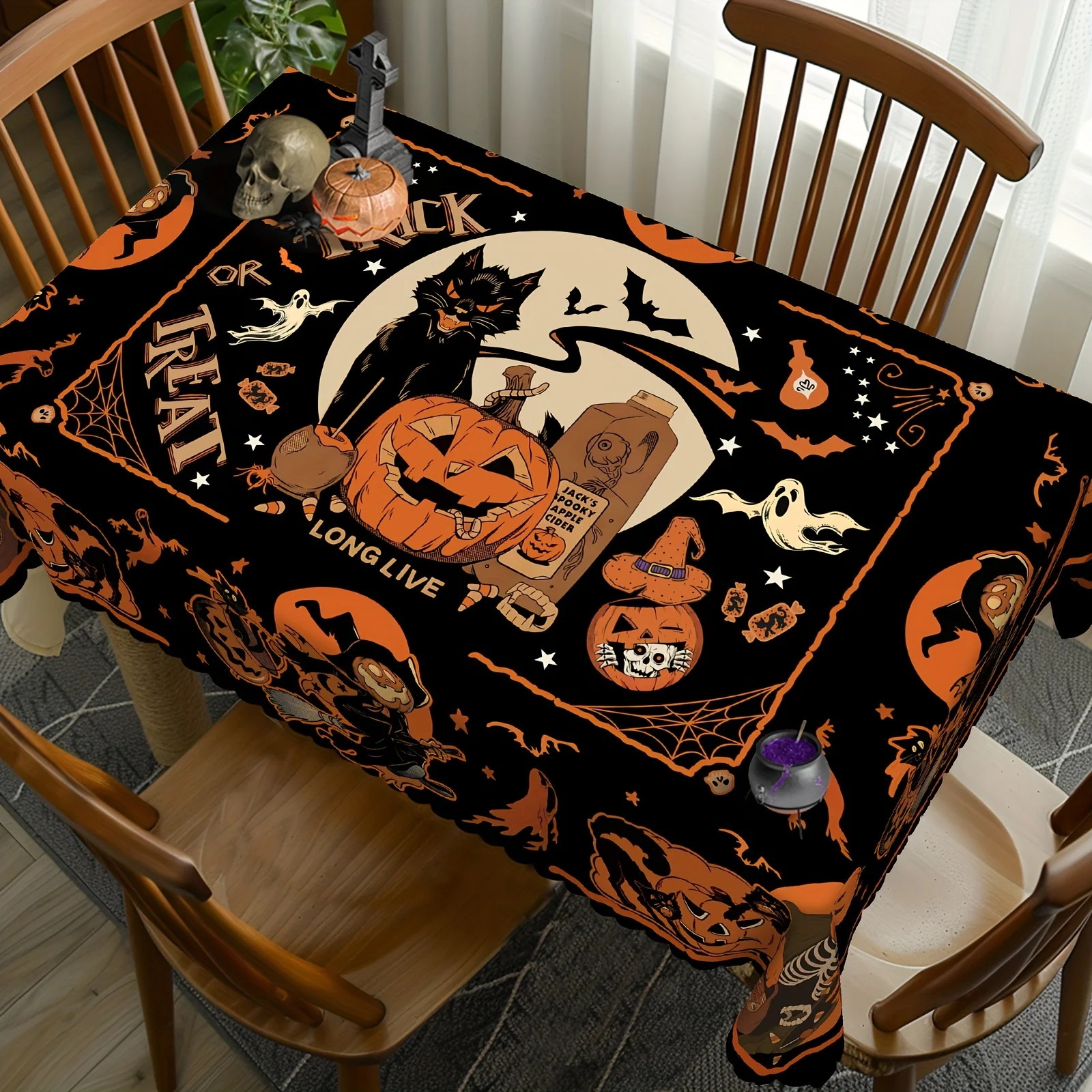 1 piece of pumpkin black cat Halloween tablecloth, bat skull witch ghost tablecloth