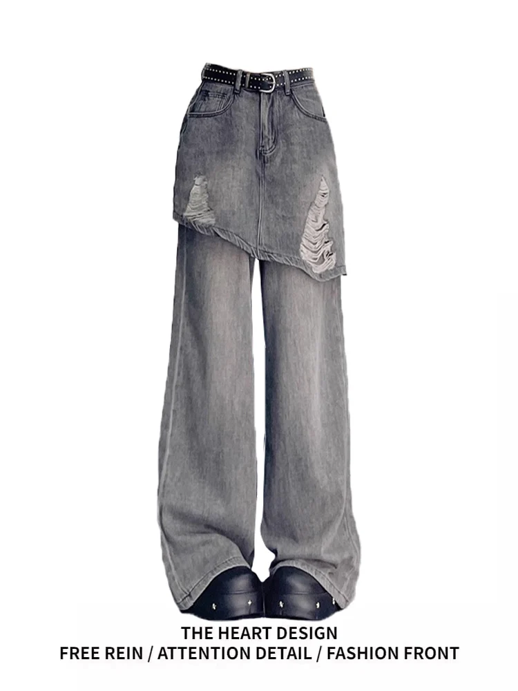 

Женские свободные прямые джинсы в стиле ретро в американском стиле High Street, летние рваные джинсовые брюки с широкими штанинами длиной до пола