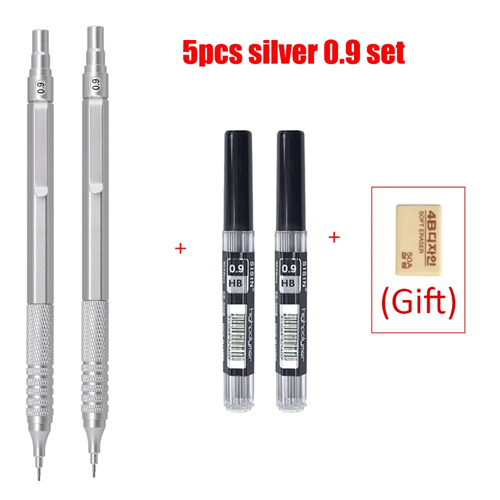 5 stks/set Zwart/Zilver Metalen Vulpotlood Set 0.5-2.0mm Lood Refill Automatische Potlood Art Schets Schilderen schrijven Briefpapier
