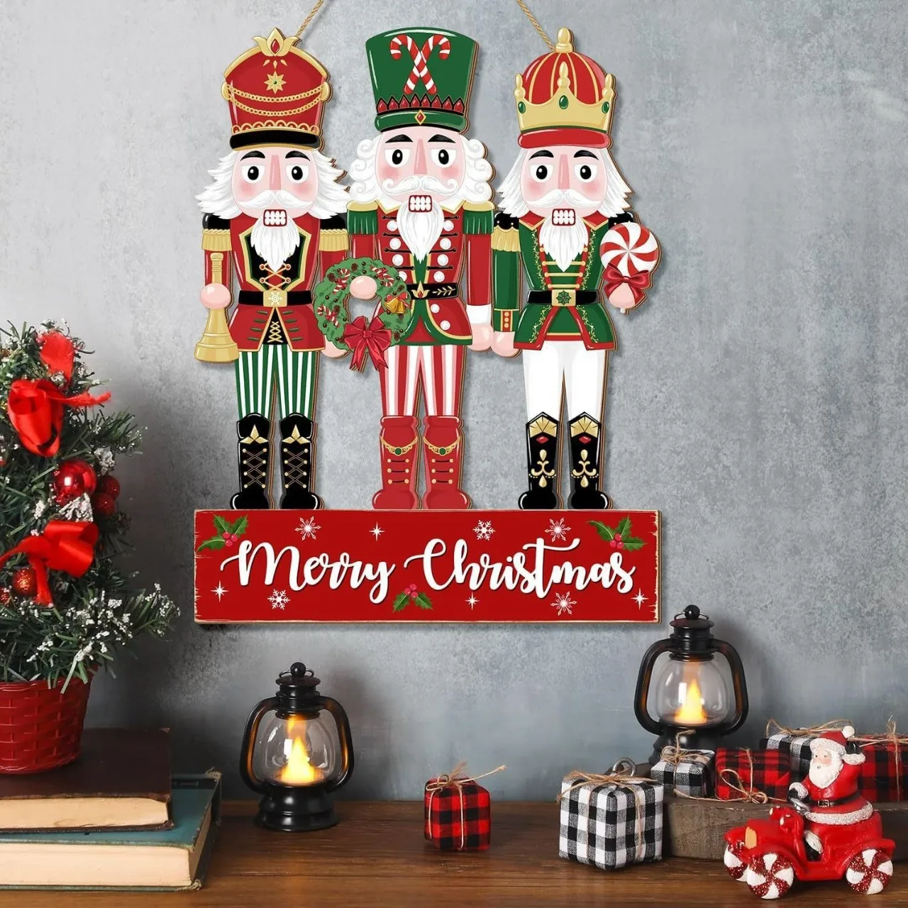 

Merry Christmas Nutcracker Door Decor Hanging Sign Wooden Wreath Ornaments for Home Indoor Outdoor Festive Front Door Decoration