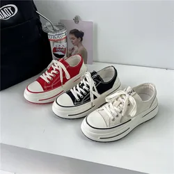 Women Cloth Flat Shoes Spring Fashion Thick-soled Breathable Lace Up Canvas Casual and Comfortable Off White Sneakers for Women