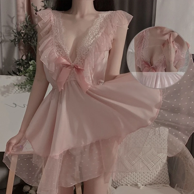 

Summer Sweet Lace Pajamas Mesh Home Clothes V-shaped Skirt Sexy Backless Cute Home Clothes Pajamas