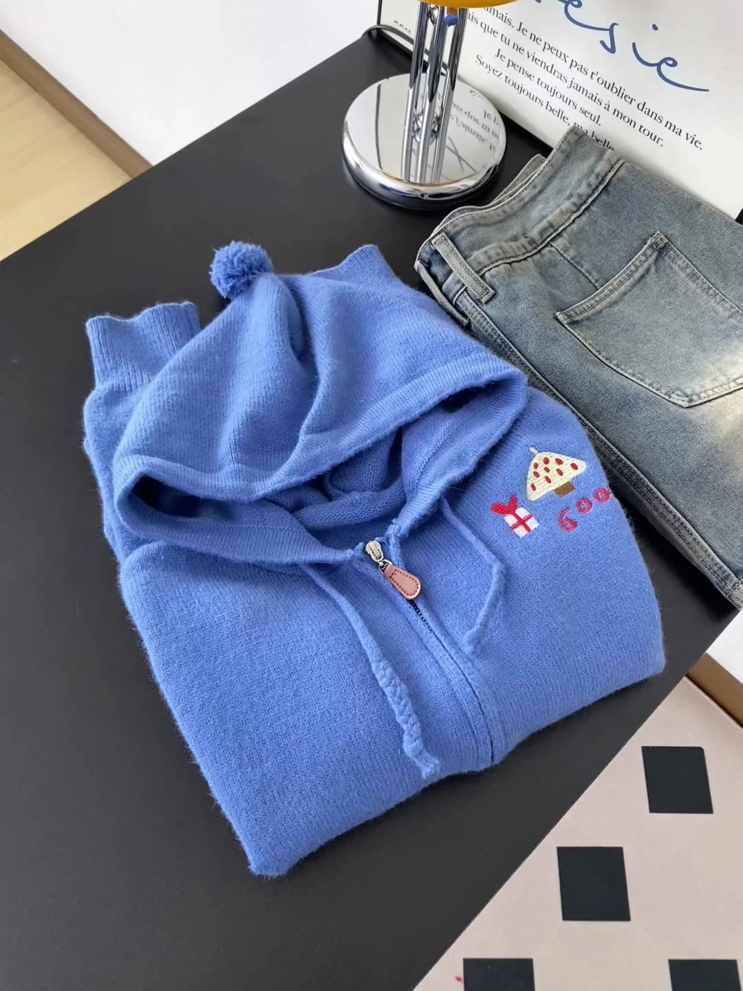 

Klein синий свободный вязаный открытый кардиган с капюшоном и двойной молнией, женский осенне-зимний ор Ele Top