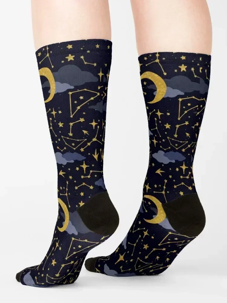 Celestial Stars and Moons in Gold and Dark Blue Socks golf Men's sheer floral Socks Male Women's