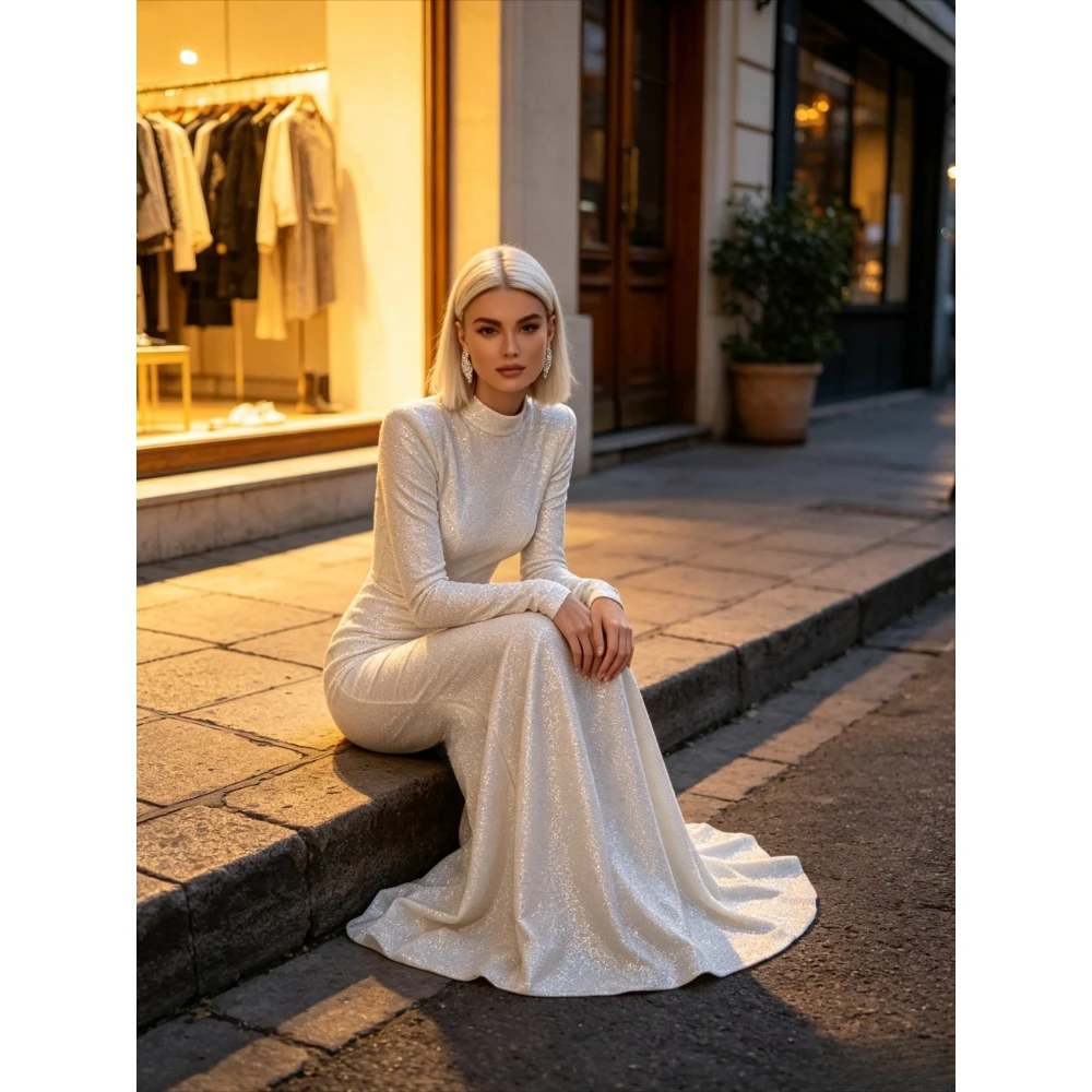 Customized High Neck Long Sleeved Mermaid Wedding Dress for 2026 Sparkling High Neck Backless Bridal Gown with Pearl Details