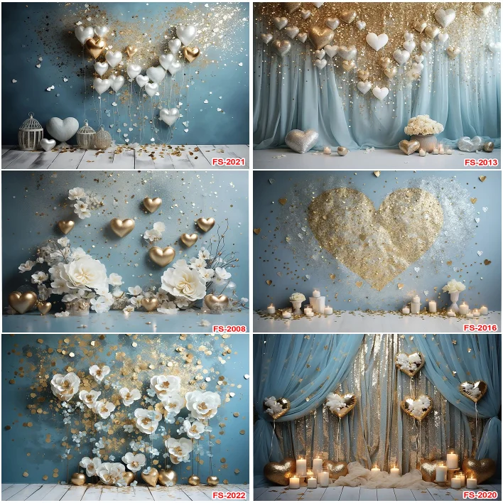 Wedding Ceremony Blue Curtain Love Golden Glitter Flowers Candle Backdrops Photographic Maternity Adult Portrait Backgrounds