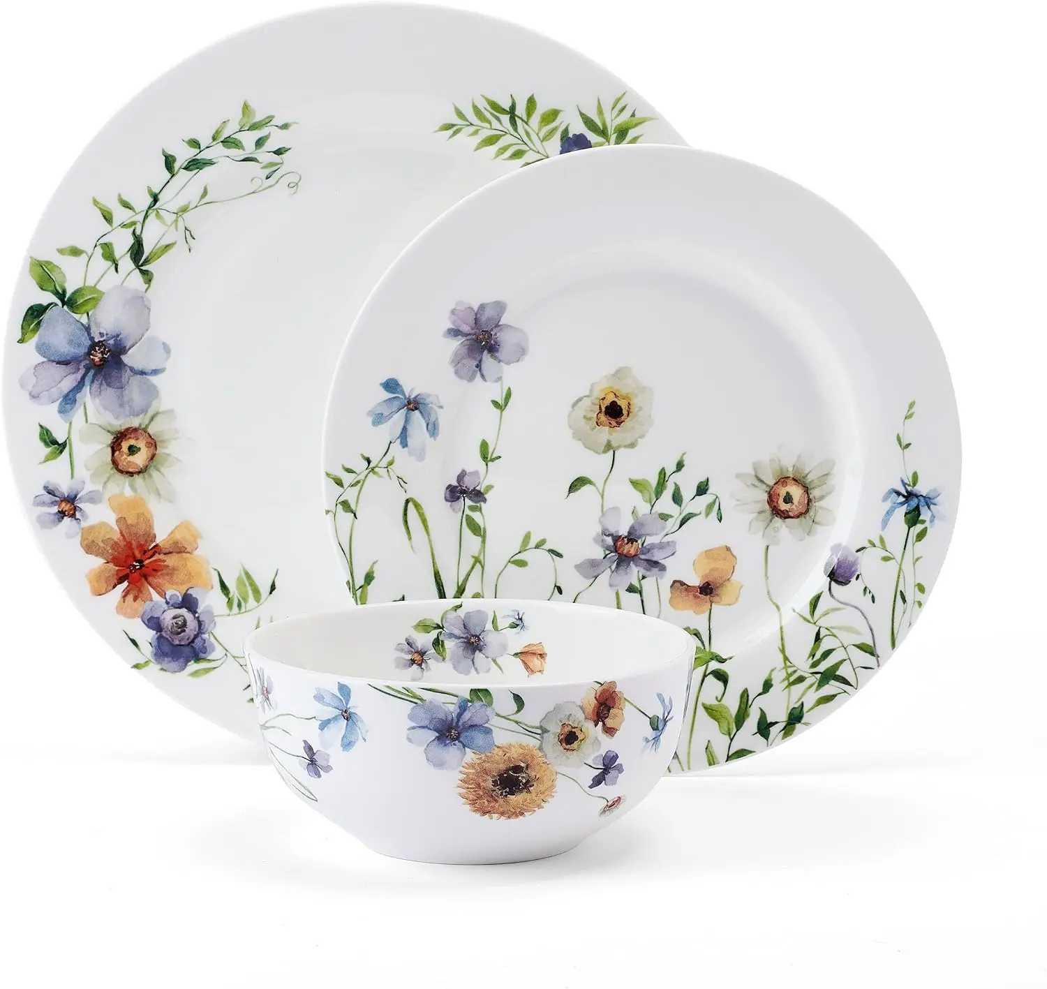 Bone China Dinnerware Set, 12-Piece Service for 4, Watercolor Floral Design, Lightweight Chip Resistant, White