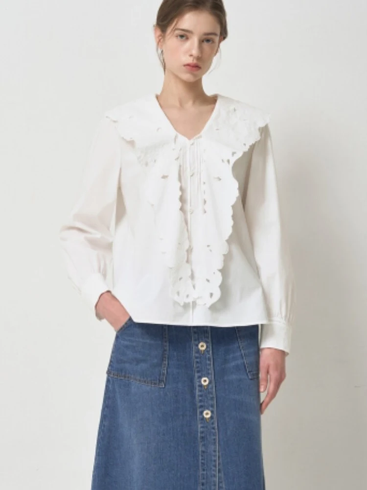 

Elegant Korean Style Loose Fit Comfortable Cotton Shirt with Embroidered Lace Hemline Slimming Gentle Skin Friendly Blouse