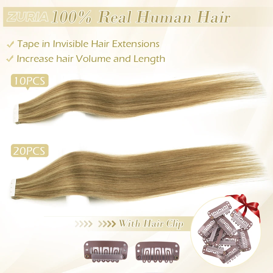 ZURIA cheveux raides Mini bande dans les Extensions de cheveux humains Invisible peau trame adhésif 12/16/20 "100% naturel vrais perruques pour les femmes