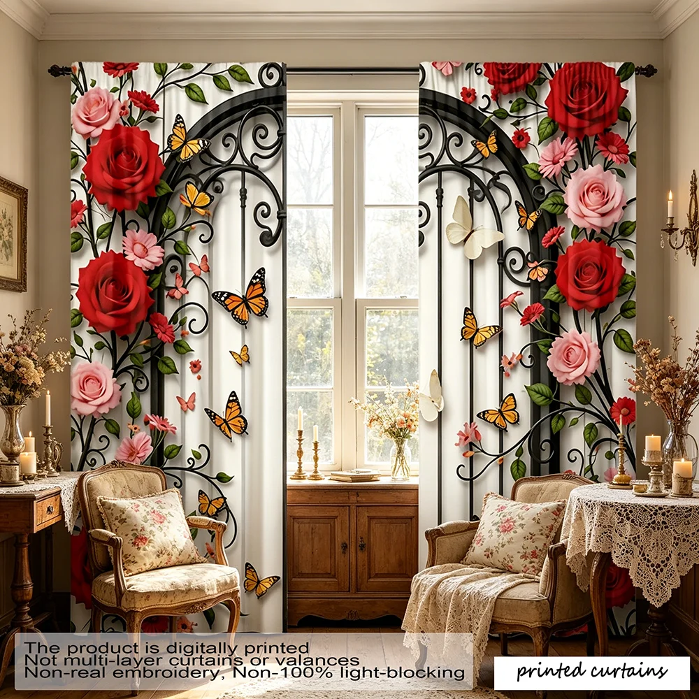 2PCS Cream Base Red Pink Floral Butterfly Iron Gate Pattern Curtains, Vintage Farmhouse Decor Flat Print Curtain, No Lining