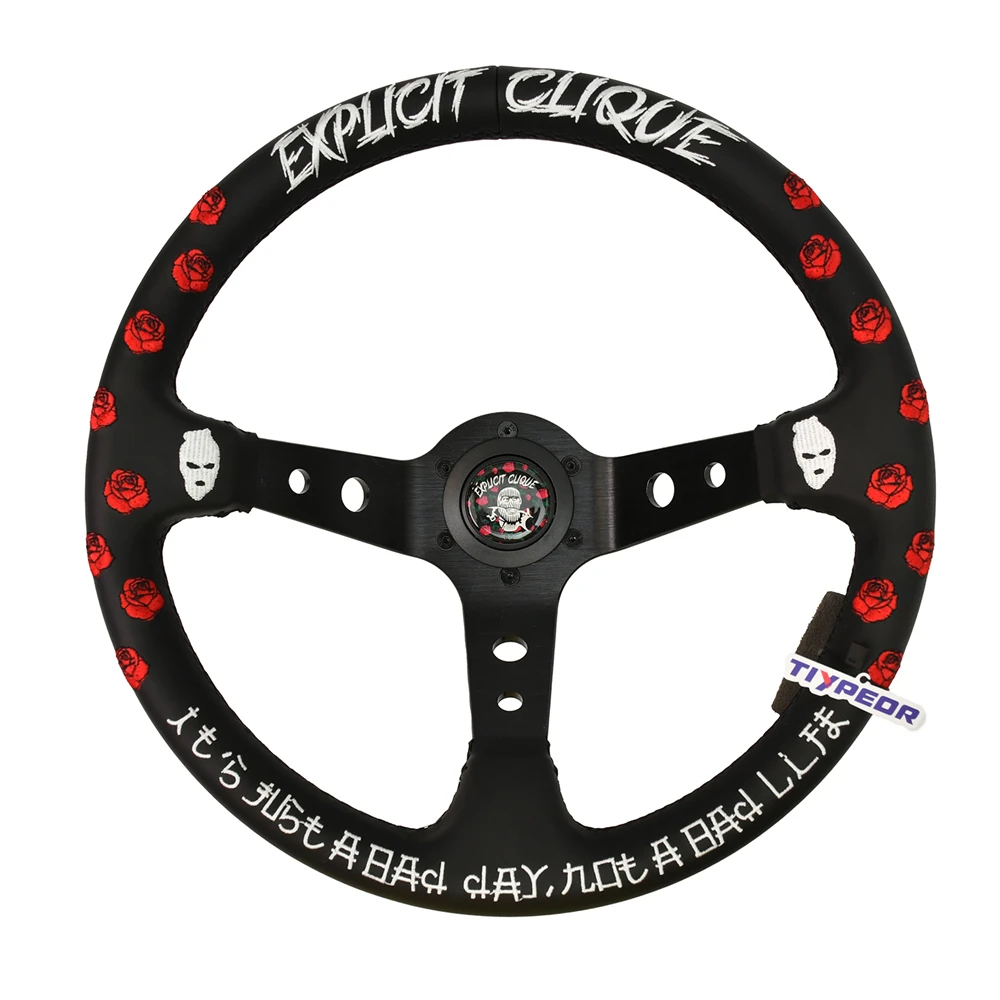 

JDM 350MM Black Leather Sports Steering Wheel Deep Concave 6 Hole Racing Steering Wheel With Rose Embroidery
