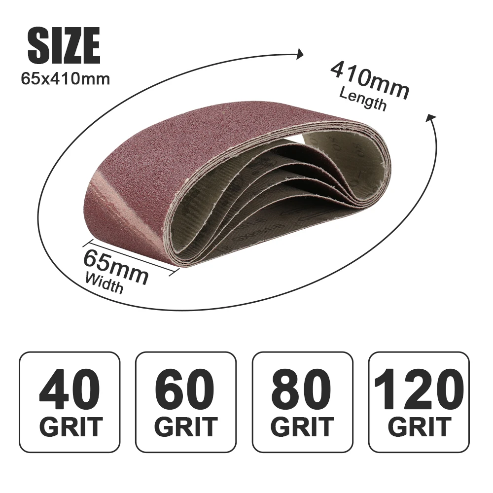 XCAN 5pcs 65x410mm Sanding Belts 40/60/80/120 Grit For Belt Sander Abrasive Tool Wood Soft Metal Polishing Grinding