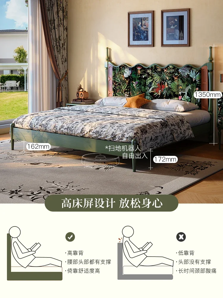 French retro solid wood bed master bedroom double bed 1.8m large bed ash wood fabric  medieval wave soft